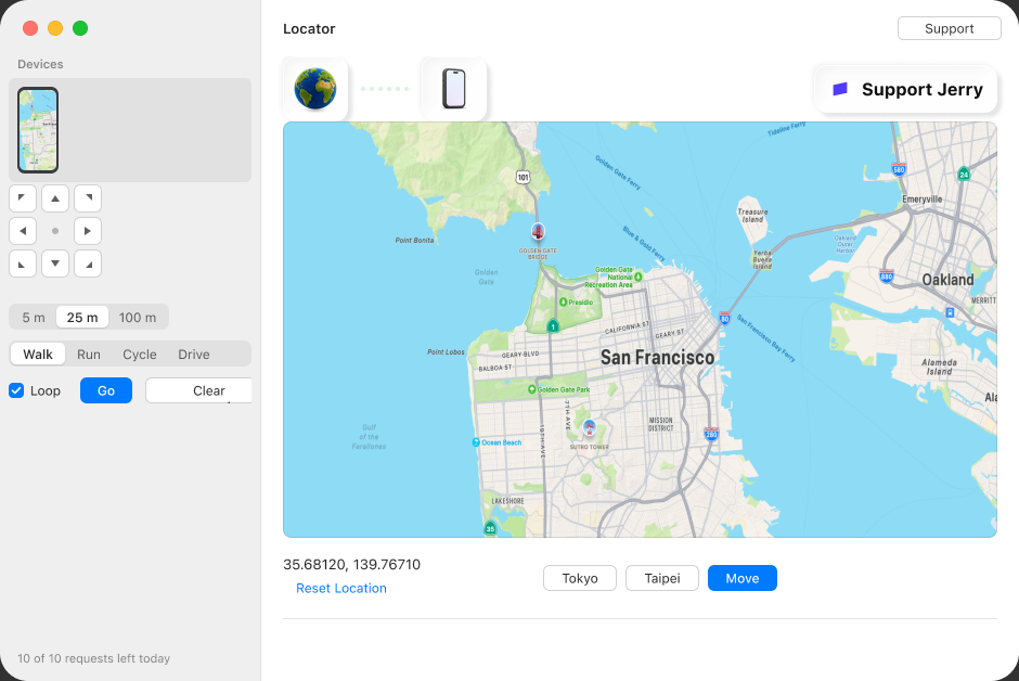 The Locator app on macOS: a sidebar listing connected iPhones with live screen mirrors, a map of San Francisco, city preset buttons, and joystick and route controls.